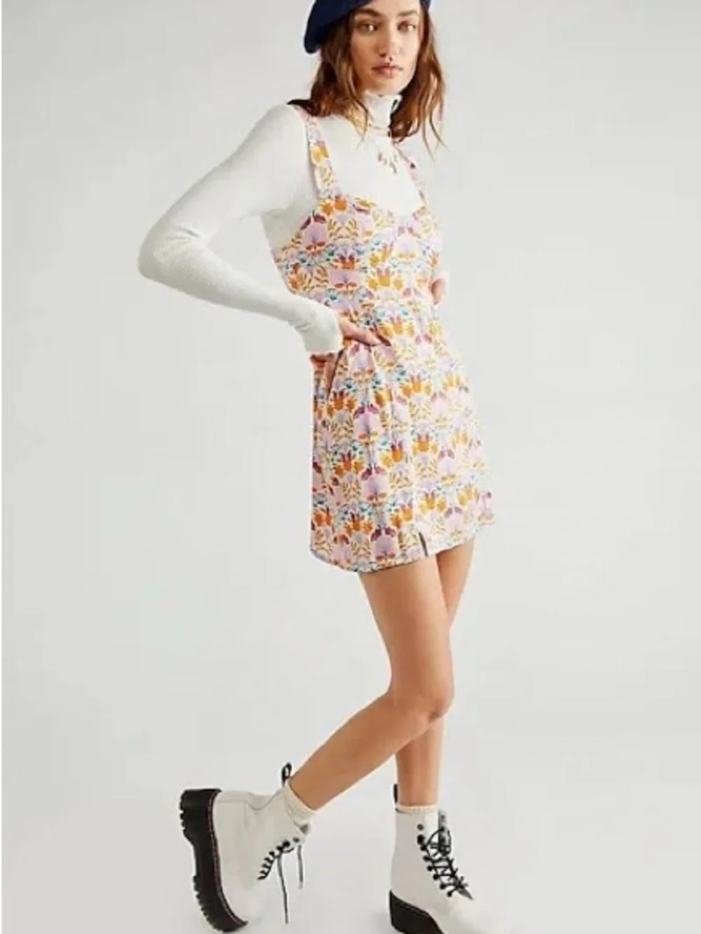 Free People White Floral Mini Dress with Pink and Orange Accents